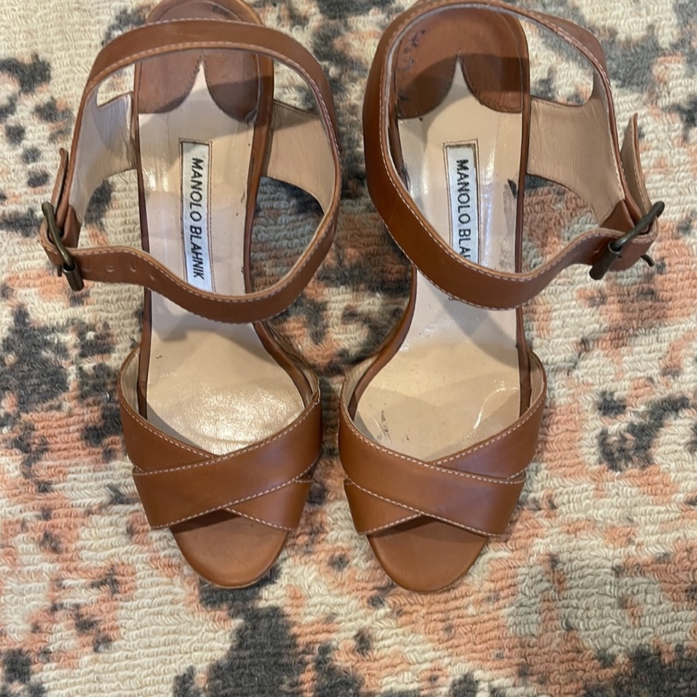 Manolo Blahnik Brown Leather Cross‑Strap Ankle Strap Heels - Picture 2 of 6
